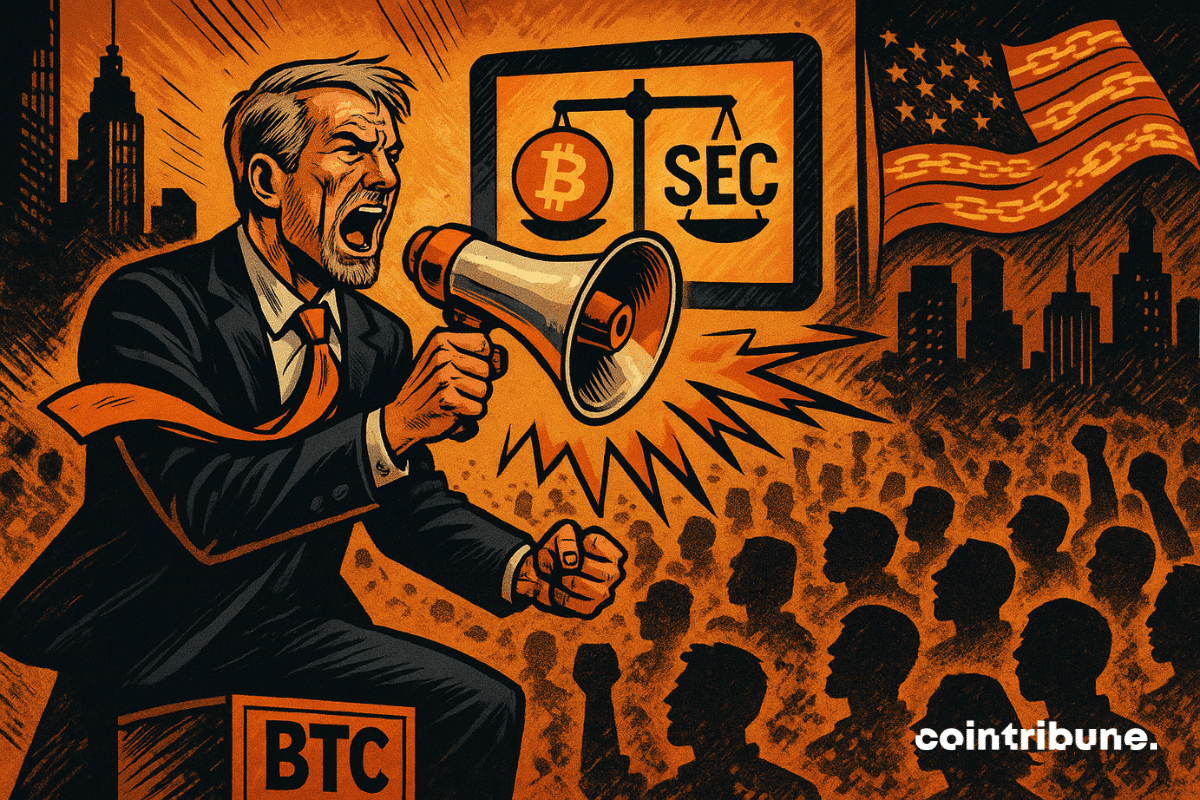 A gray-haired man in a suit stands on a BTC crate, shouting into a megaphone before a digital crowd, with a scale showing Bitcoin and the SEC on a glowing screen behind him.