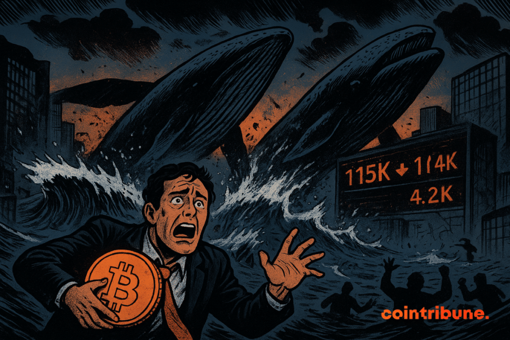 Un comerciante en pánico agarra un Bitcoin brillante mientras ballenas gigantescas surgen de las aguas tormentosas, inundando una ciudad que se derrumba con números de acciones que muestran a Bitcoin en 114K y a Ethereum en 4.2K.