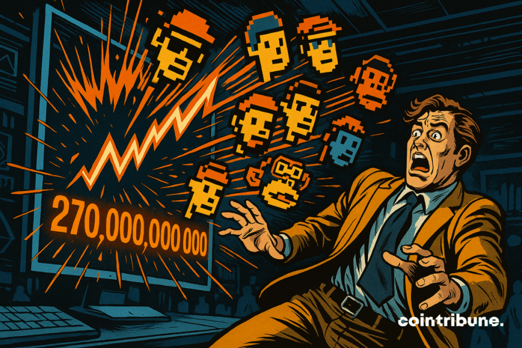ChatGPT a dit : Un homme effrayé recule tandis que des avatars NFT pixelisés surgissent d’un écran affichant 270 000 000 000, style comics 70s.