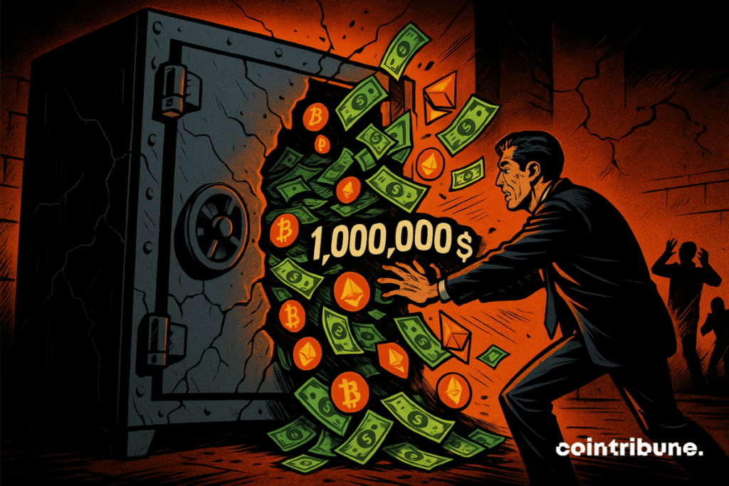 Um cofre gigante e rachado está inclinado, passando uma sensação de desequilíbrio. A porta está entreaberta, deixando escapar um fluxo de dinheiro e símbolos cripto. Um trader de terno escuro está em frente ao cofre e tenta segurá-lo com as mãos. De dentro do cofre jorram em cascata notas verdes, moedas de Bitcoin e logotipos do Ethereum.