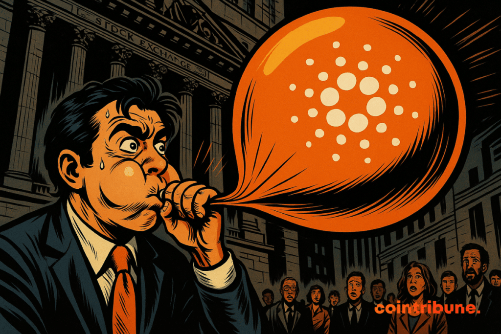 Un hombre de traje infla un enorme globo naranja de Cardano frente a la Bolsa de Valores, ante una multitud atónita, al estilo de los cómics de los años 70.
