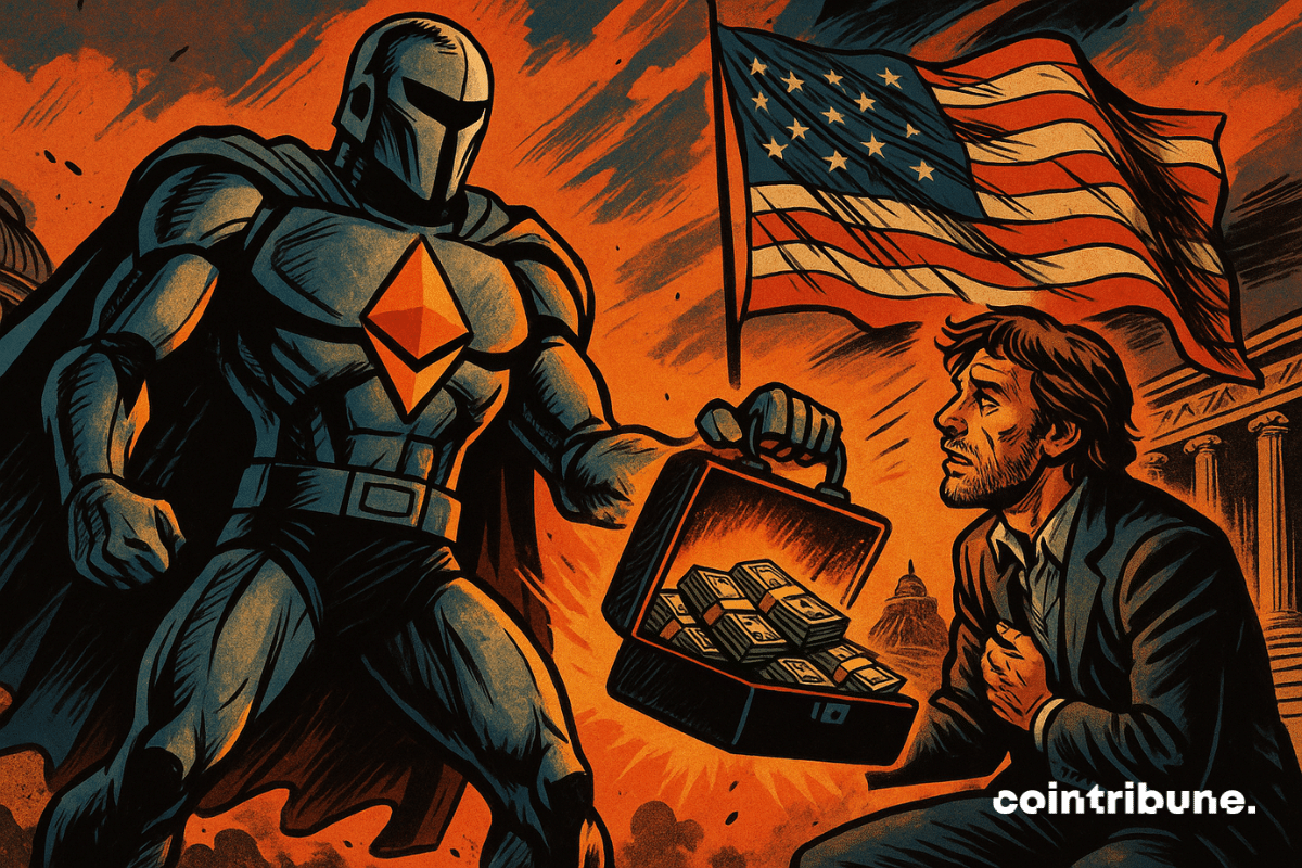 Um super-herói do Ethereum entrega uma maleta de dinheiro para Roman Storm em frente a uma bandeira americana em uma cena dramática.
