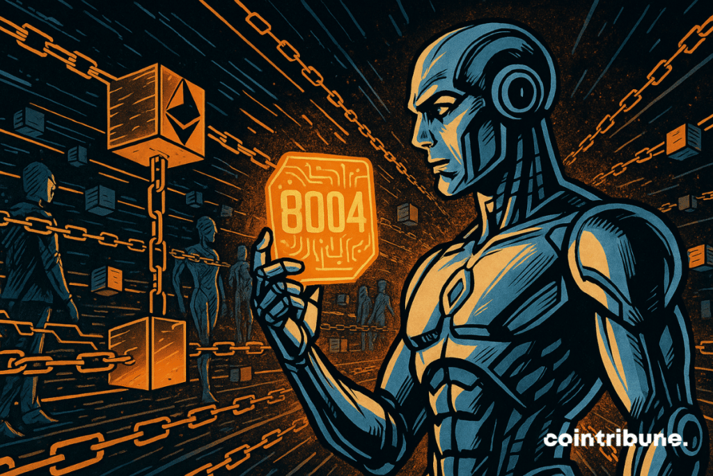 Futuristic android on a luminous data bridge, ERC-8004 hologram, floating Ethereum chains, digital silhouettes, lines of movement, dramatic orange light.