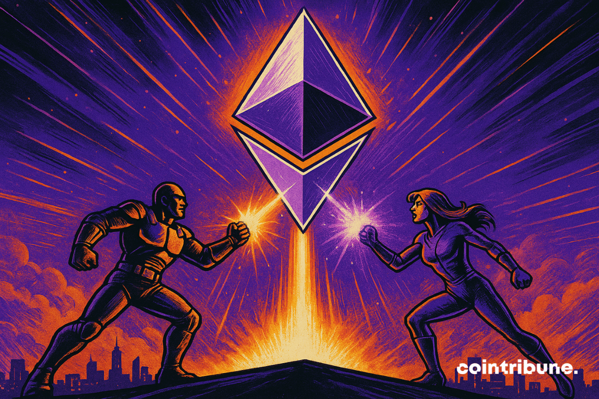 Um enorme e brilhante logotipo do Ethereum ergue-se ao céu, como se fosse impulsionado por uma força colossal. Duas figuras heroicas — uma em armadura futurista (BitMine) e outra em traje tecnológico avançado (SharpLink) — canalizam energia para o ETH.