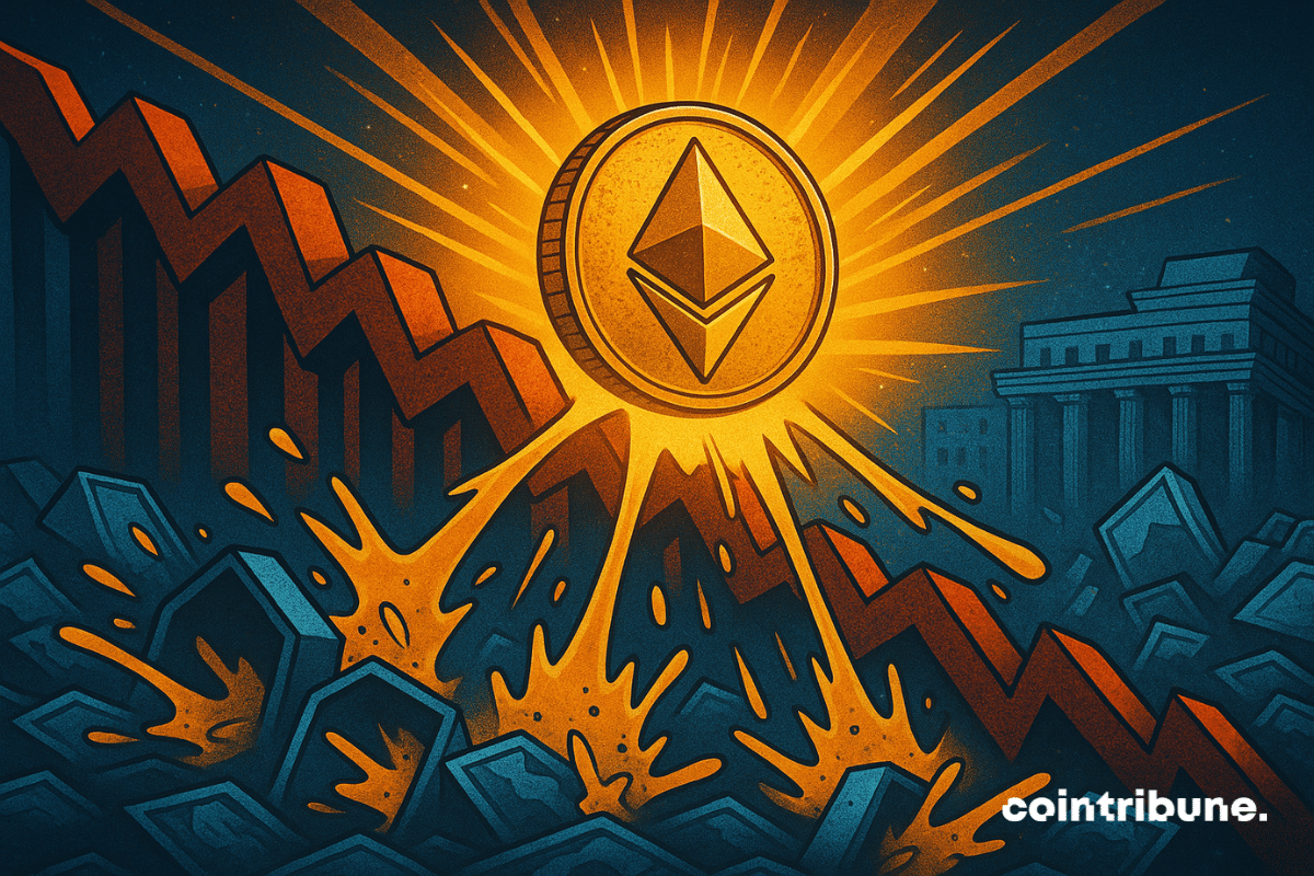 Ilustração de uma moeda Ethereum brilhante subindo enquanto setas vermelhas descendentes do mercado caem, simbolizando a recuperação do preço do Ether e o short squeeze.