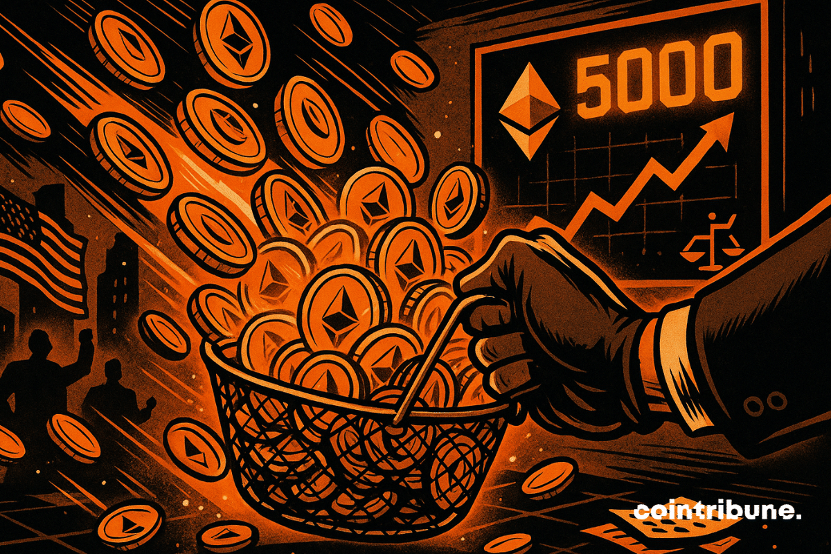 Hand scooping Ethereum coins into a basket with a rising price chart showing 5000.