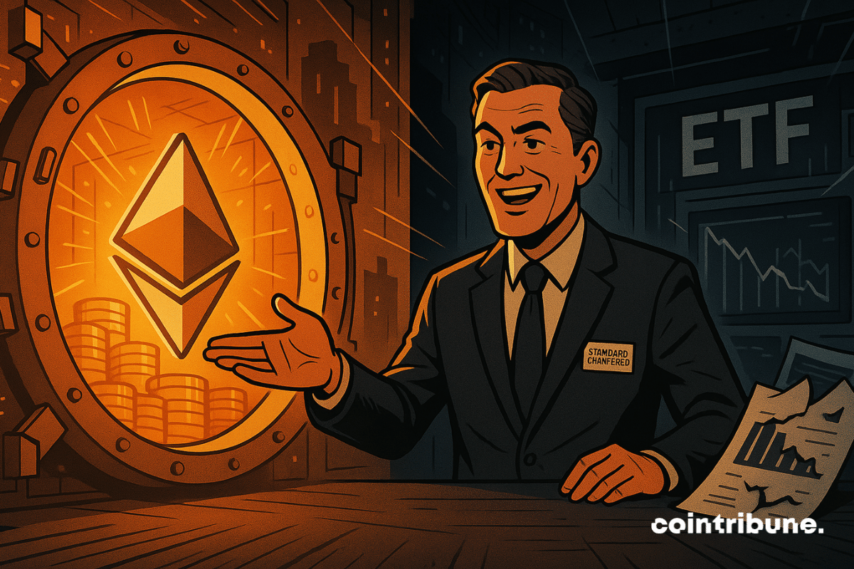 Banqueiro aponta para cofre brilhante de Ethereum, gráficos de ETFs desmoronam ao fundo.
