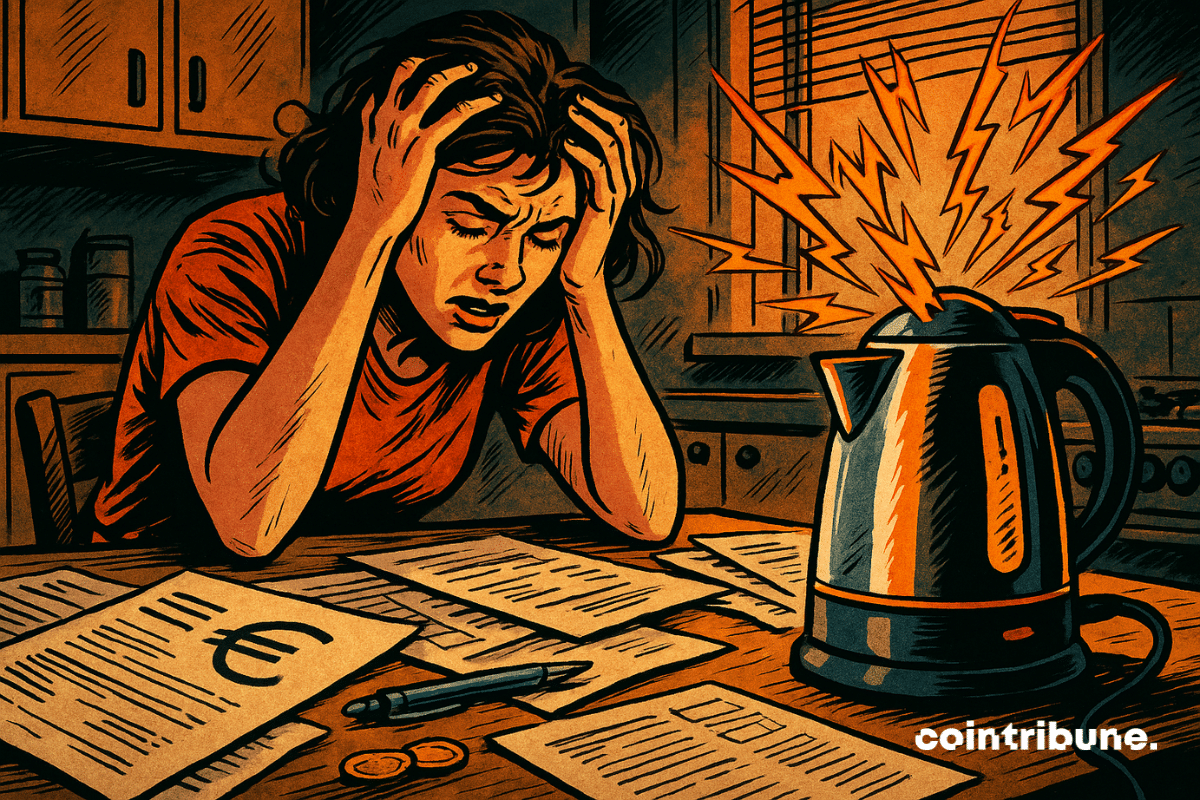 Femme stressée dans une cuisine, submergée par des factures, face à une bouilloire en surchauffe explosant d’étincelles oranges.