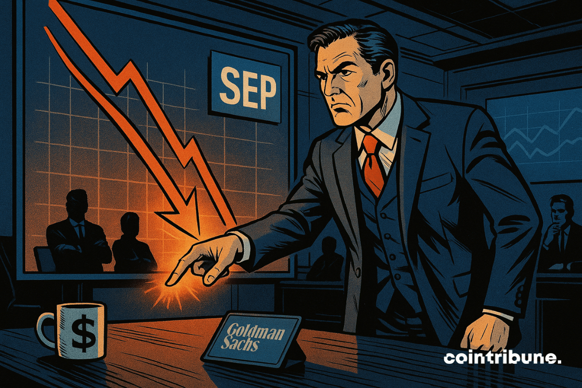 A Goldman Sachs strategist in front of a downward chart related to the Fed's rate cuts.