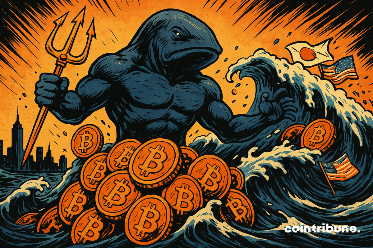 Uma criatura metade baleia, metade homem, empunhando um tridente, emerge de um tsunami de Bitcoins, em frente a uma cidade e agitando bandeiras.
