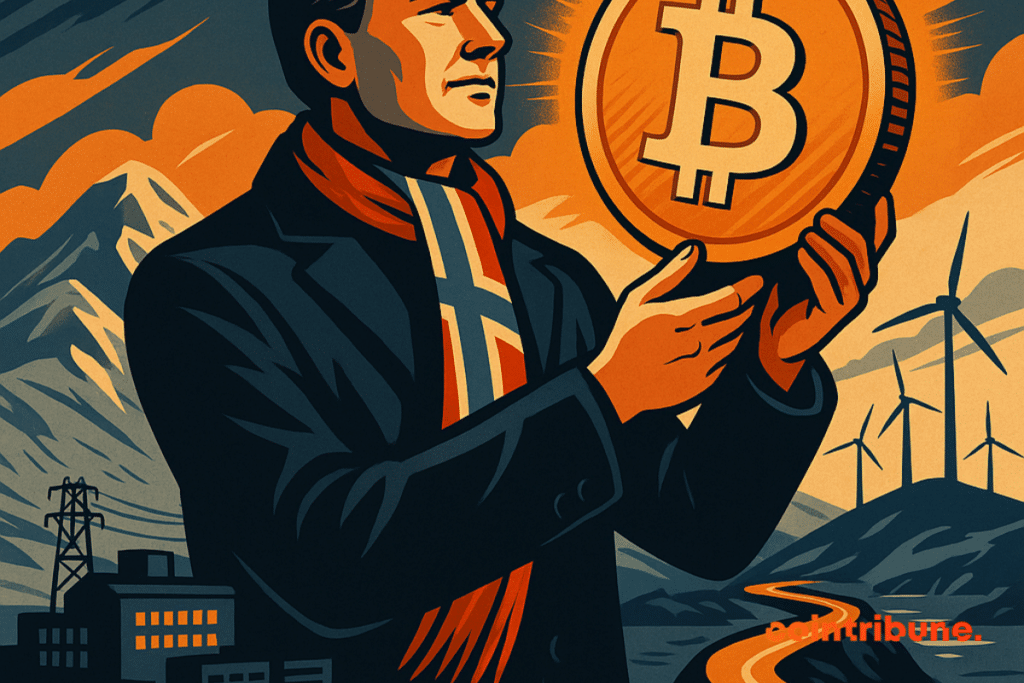 Homem com casaco e cachecol noruegueses segurando um Bitcoin brilhante em frente a montanhas e turbinas eólicas.