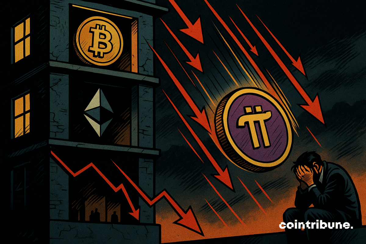 O logotipo da Pi Network está caindo de um andar superior. Um investidor cripto em pânico observa a cena.