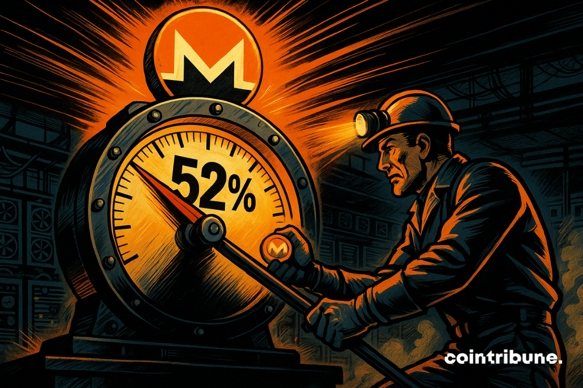 A massive industrial-style mechanical gauge, with a red-orange needle pointing precisely to 52%, symbolizing Qubic’s achievement. The dial is encircled by dark metal with visible rivets, and at the top sits a shining Monero (XMR) logo, almost like a badge of victory.