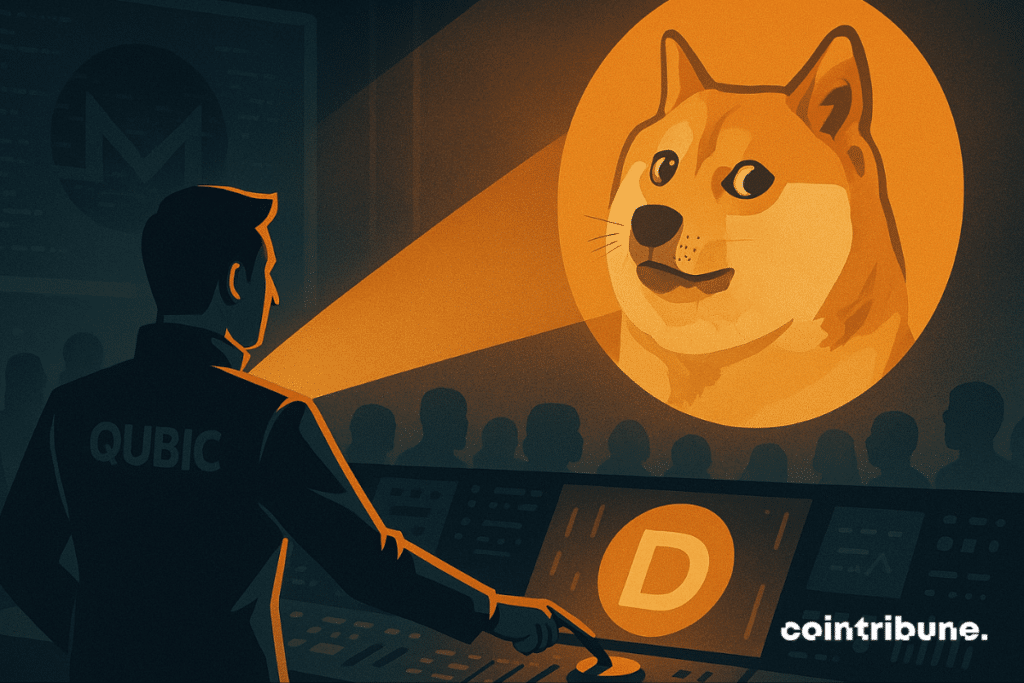 Un hombre en una sala de control proyecta un símbolo de Dogecoin mientras un logotipo de Monero se desvanece en el fondo, observado por una multitud.
