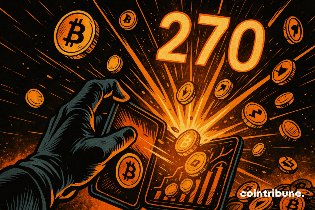 A gloved hand opens a crypto wallet, releasing an orange explosion of coins and the glowing number 270.