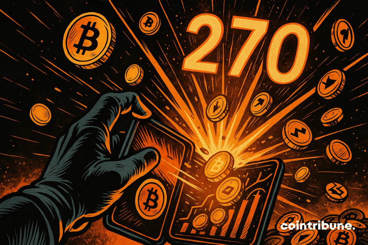 A gloved hand opens a crypto wallet, releasing an orange explosion of coins and the glowing number 270.