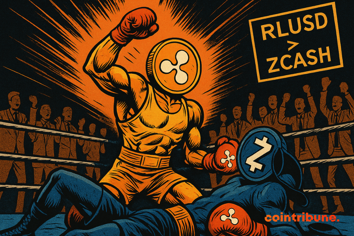 Uma figura humanoide musculosa com uma moeda RLUSD no lugar da cabeça está vitoriosa em um ringue de boxe, levantando uma luva, enquanto Zcash, com uma moeda azul na cabeça, jaz derrotado na lona enquanto uma multidão de ternos comemora.