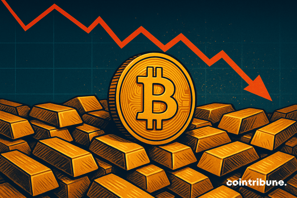 Moeda Bitcoin entre barras de ouro enquanto uma seta vermelha descendente aparece no fundo, simbolizando o declínio do mercado.