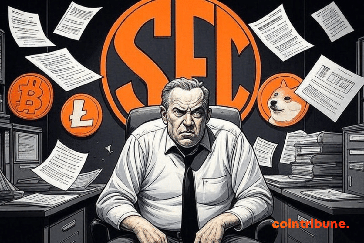 Frustrated man at SEC office, crypto logos (XRP, LTC, SOL, DOGE) blocked by papers, dark atmosphere.