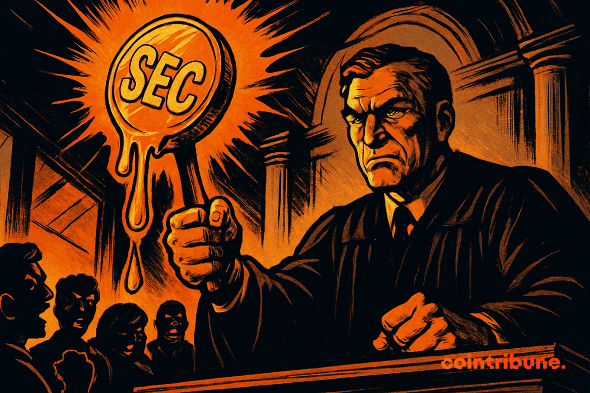 A stern judge in a dark courtroom raises a glowing orange gavel marked “SEC,” its liquid form dripping as shocked spectators watch.