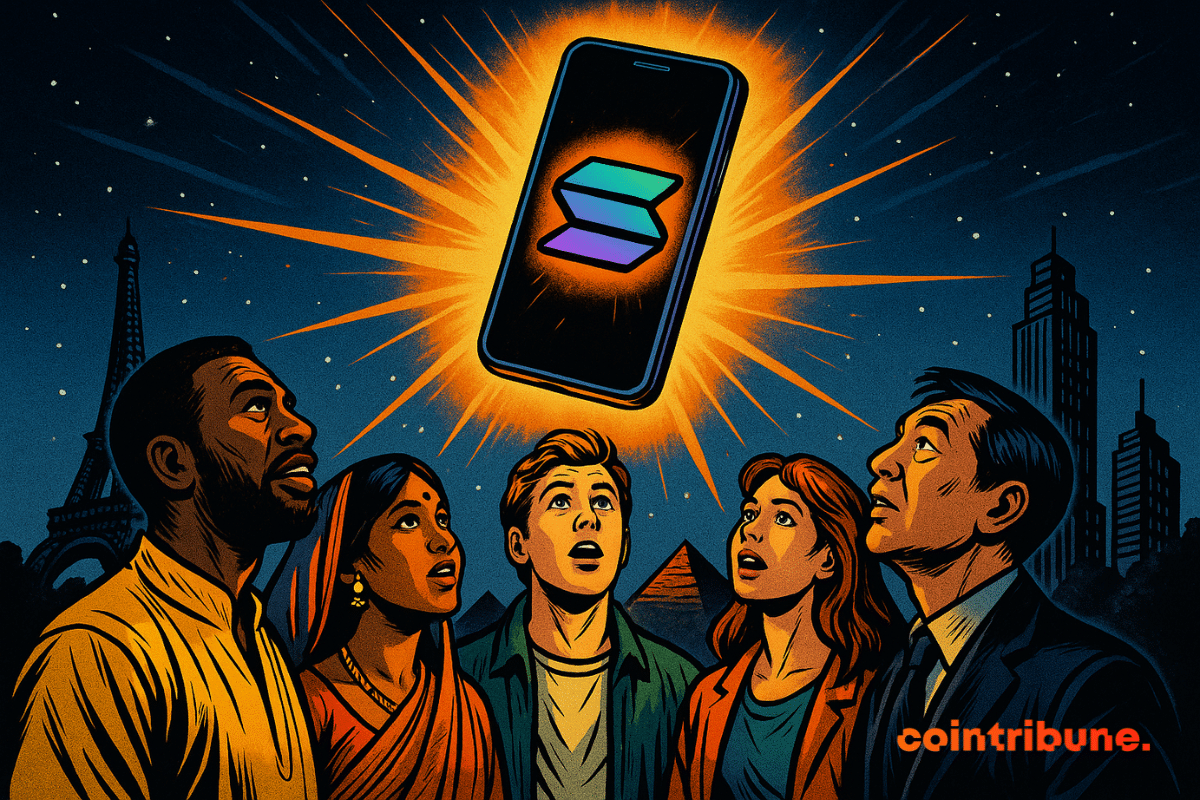 Five amazed people watch a glowing Solana smartphone floating in the sky, illuminating iconic landmarks around the world.