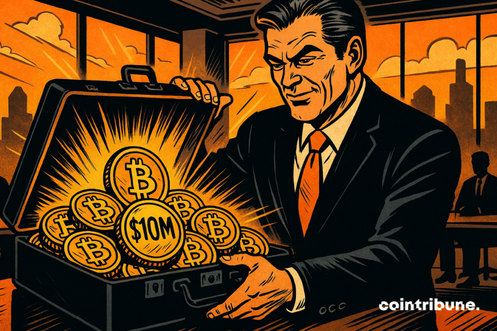 Empresário abre uma maleta cheia de moedas Bitcoin brilhantes marcadas com "US$ 10 milhões".