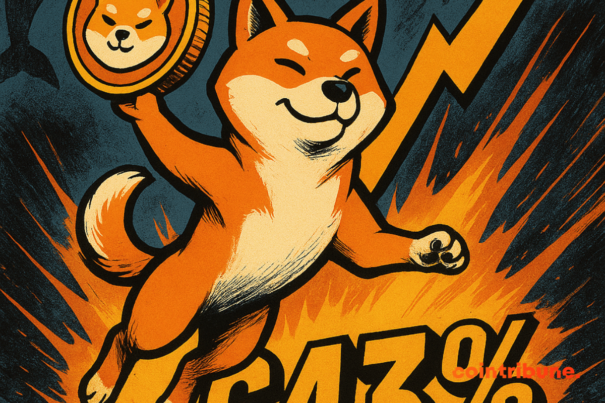 Shiba Inu bondissant avec pièce crypto et baleines en arrière-plan, hausse de 643 %.