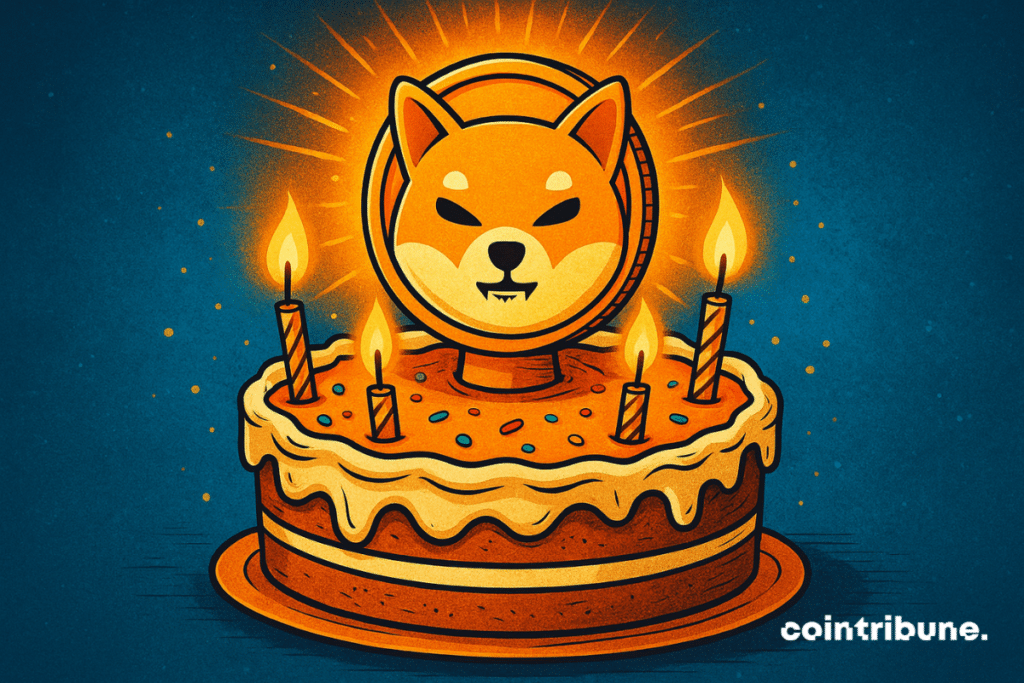 Ilustração de uma moeda Shiba Inu sobre um bolo de aniversário com cinco velas acesas, simbolizando o 5º aniversário de Shiba Inu no mundo das criptomoedas.