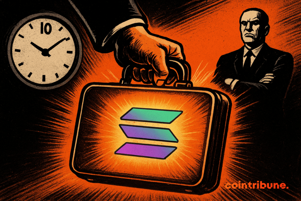 A comic-style scene of a suited hand gripping a glowing briefcase with the Solana logo, a stern man in the background, and a clock showing ten o’clock.