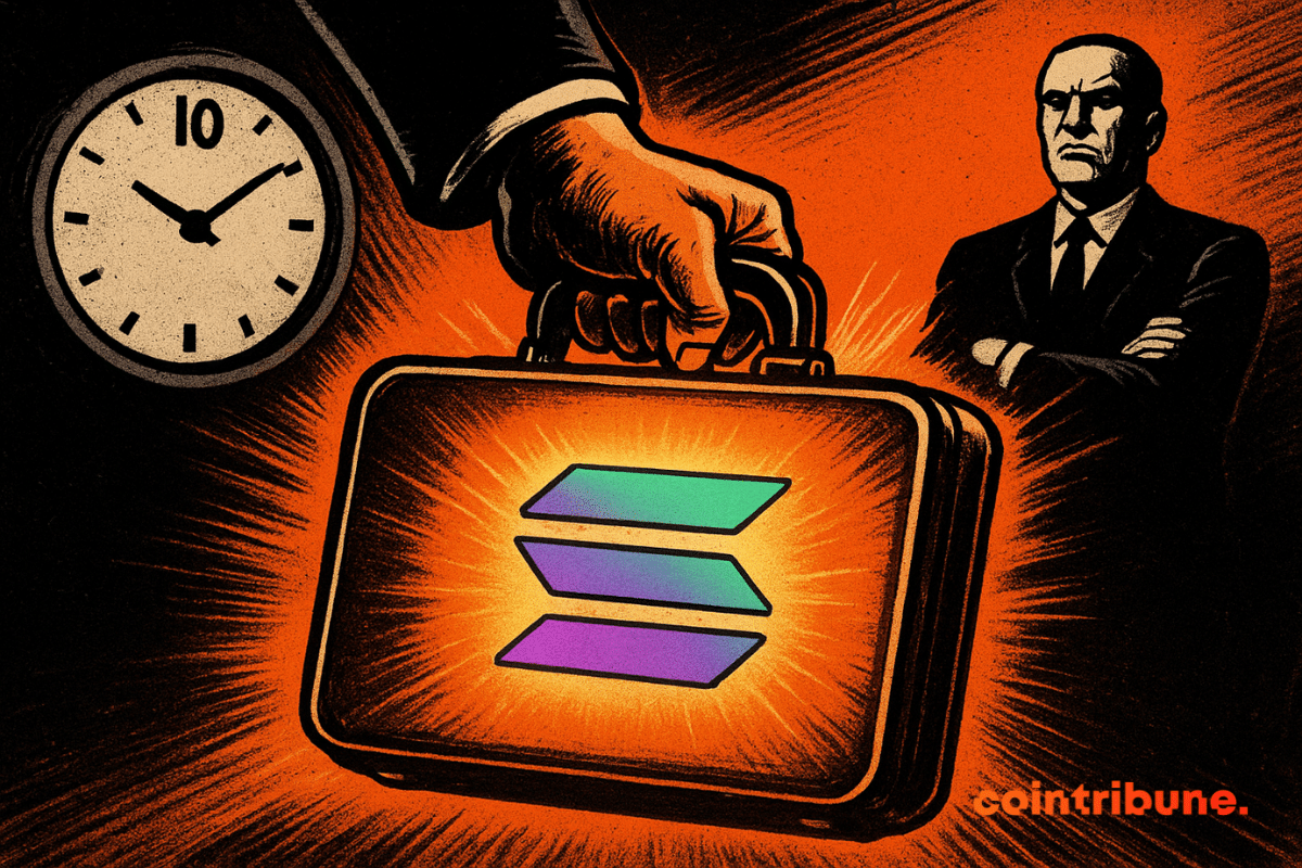 A comic-style scene of a suited hand gripping a glowing briefcase with the Solana logo, a stern man in the background, and a clock showing ten o’clock.