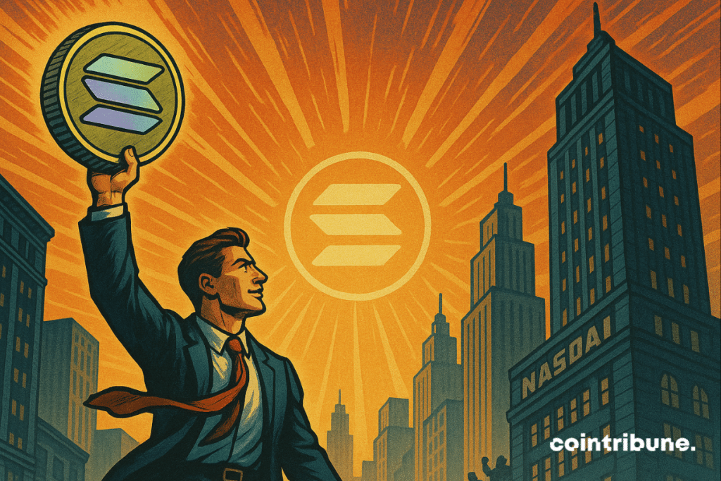 Businessman raises Solana coin at sunrise over city skyline, symbolizing market ascent