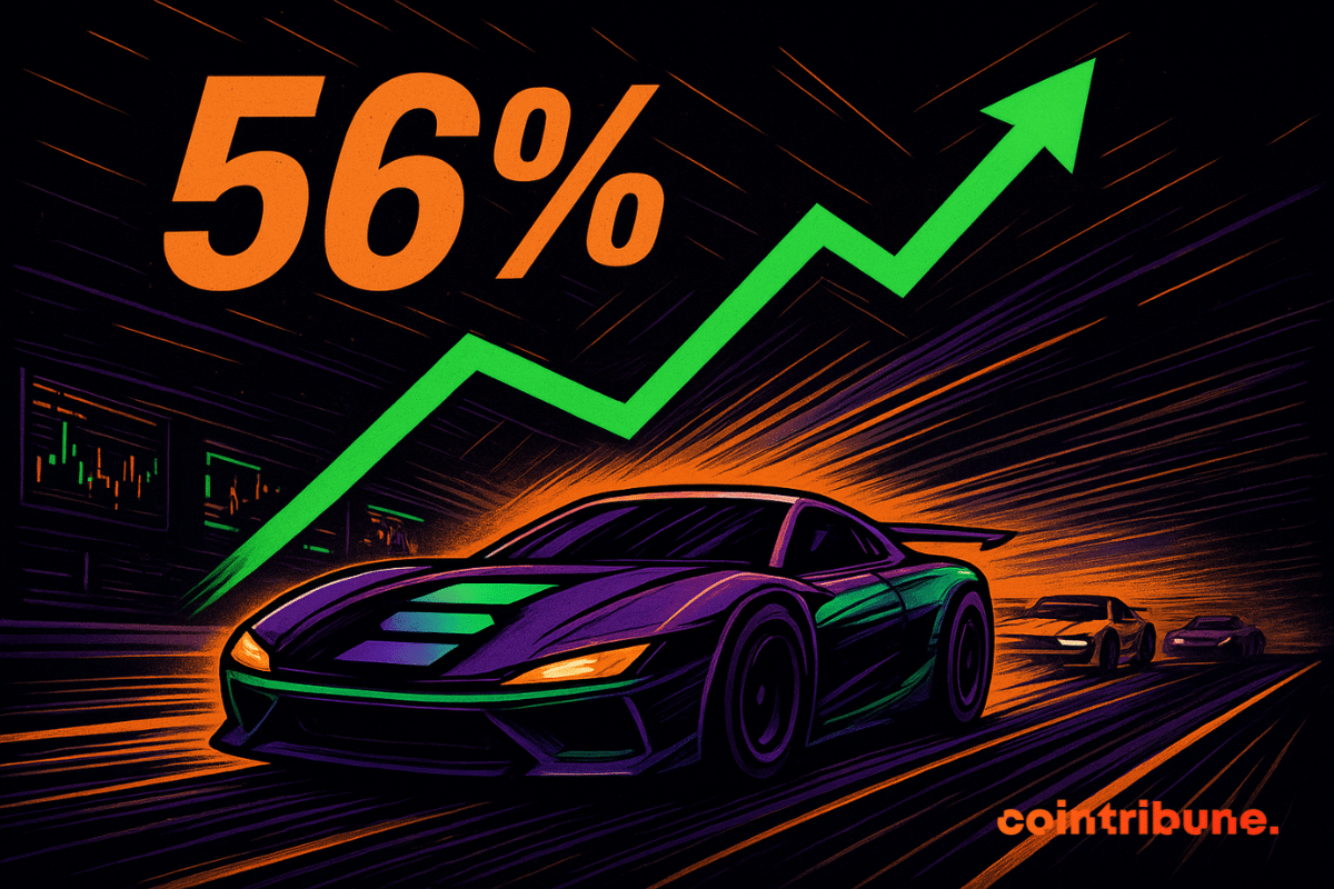 Une elegante voiture de course violette et verte fonce sur une pista au néon, com um «56%» laranja brilhante et une flèche verte vers le haut au-dessus.