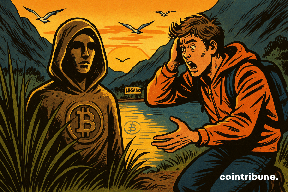 A estátua do fundador do Bitcoin, Satoshi Nakamoto, foi encontrada às margens de um lago em Lugano.
