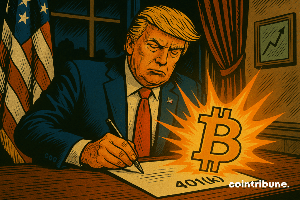 Trump signe un décret, visage concentré, éclairé par un Bitcoin éclatant, drapeau américain derrière, ambiance dramatique et contrastée.