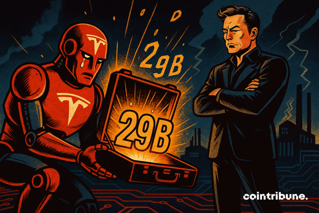 Musk em pé diante do robô da Tesla. Ele estende uma maleta aberta cheia de luz dourada e dos números '29B'.