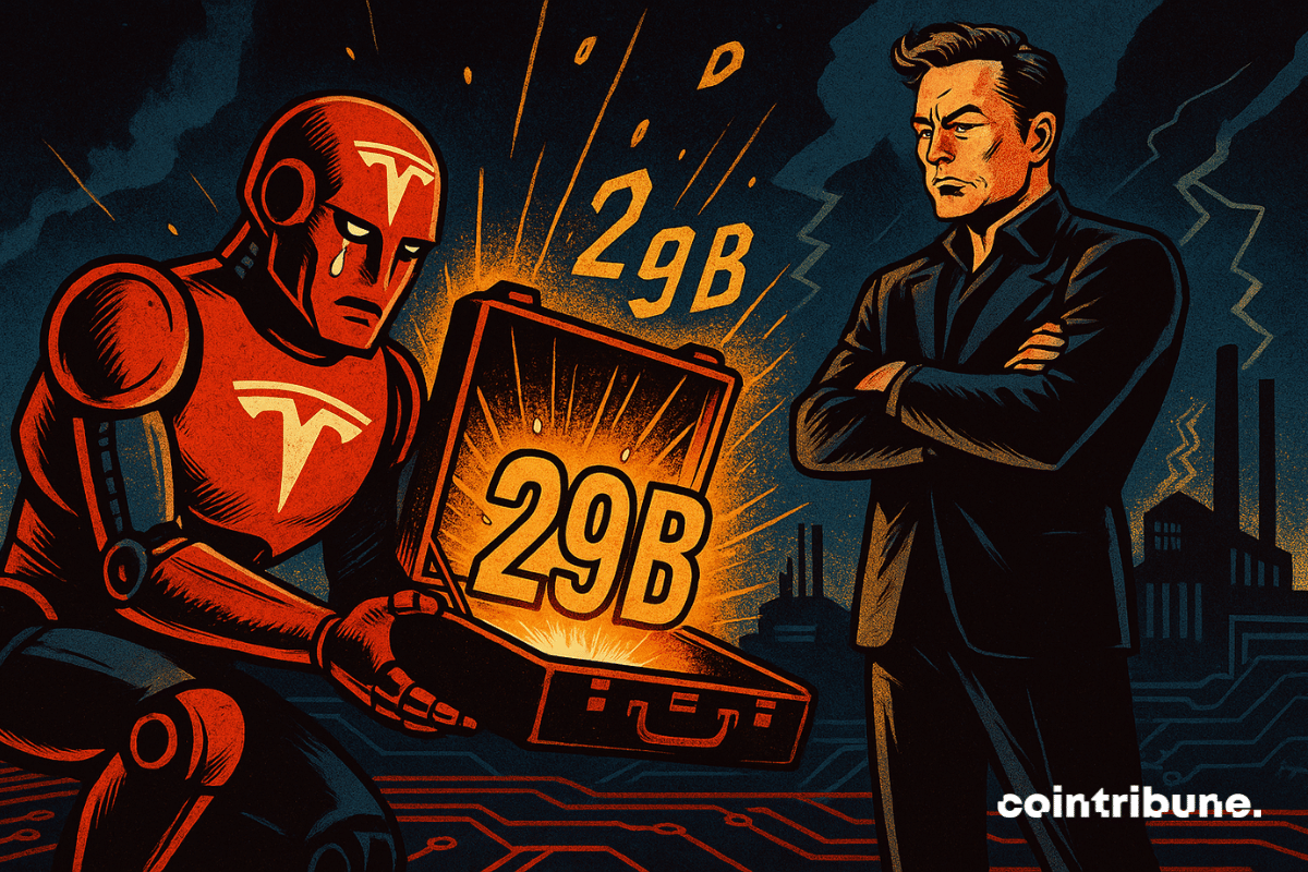 Musk standing in front of the Tesla robot. He is holding out an open briefcase filled with golden light and the numbers '29B'.