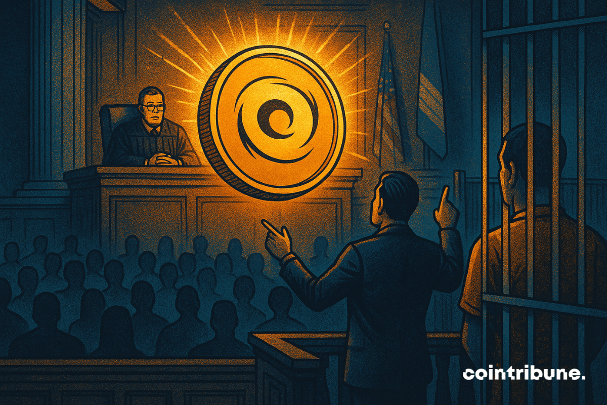 Illustration of a courtroom scene featuring a judge, a defense attorney, and a jailed defendant with a glowing Tornado Cash logo symbolizing the case’s focus on crypto privacy tools.