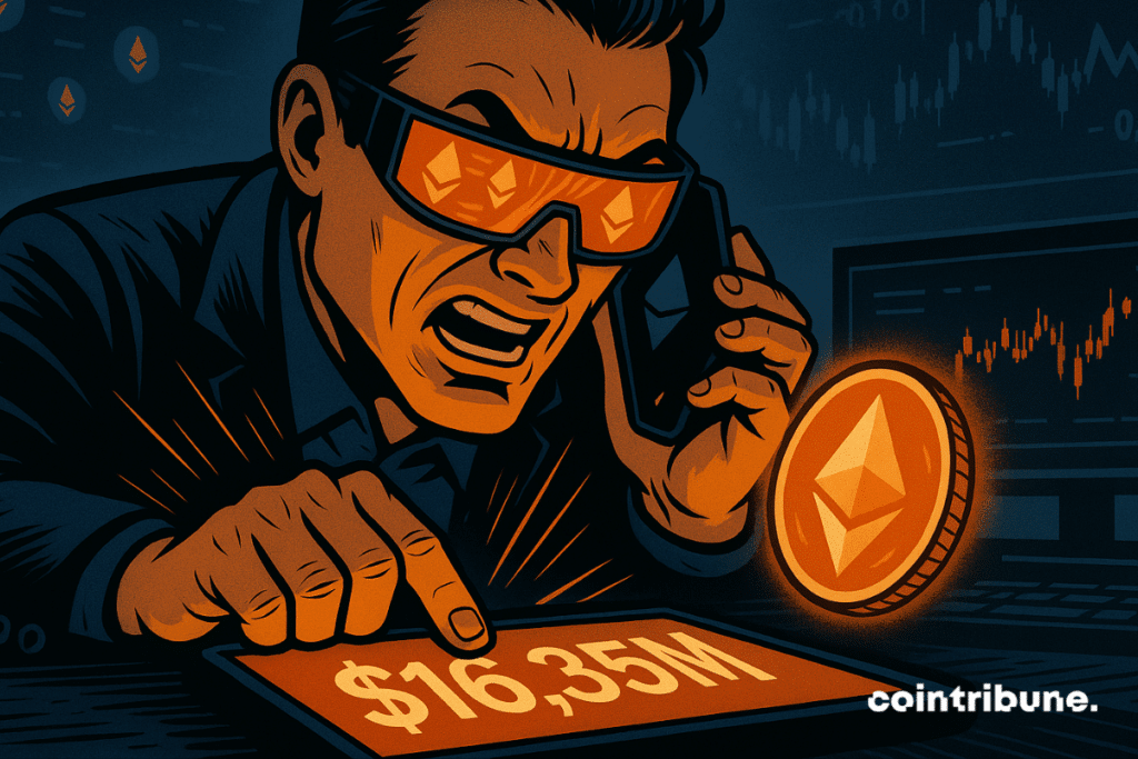 Trader makes $16.35M Ethereum move in a high-stakes moment, glowing ETH coin and charts in view.