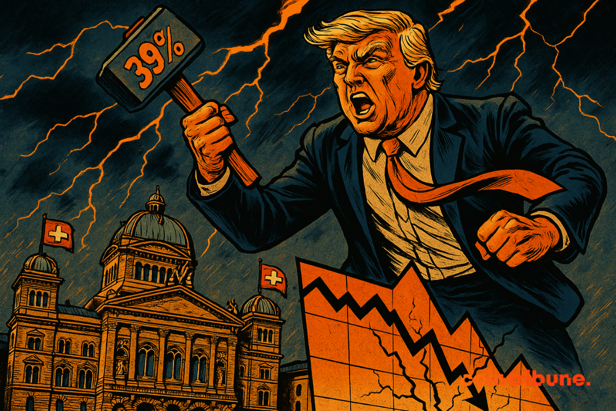 Donald Trump wielding a hammer labeled "39%" above the Swiss Parliament, in a 1970s comic book style, under a stormy sky.