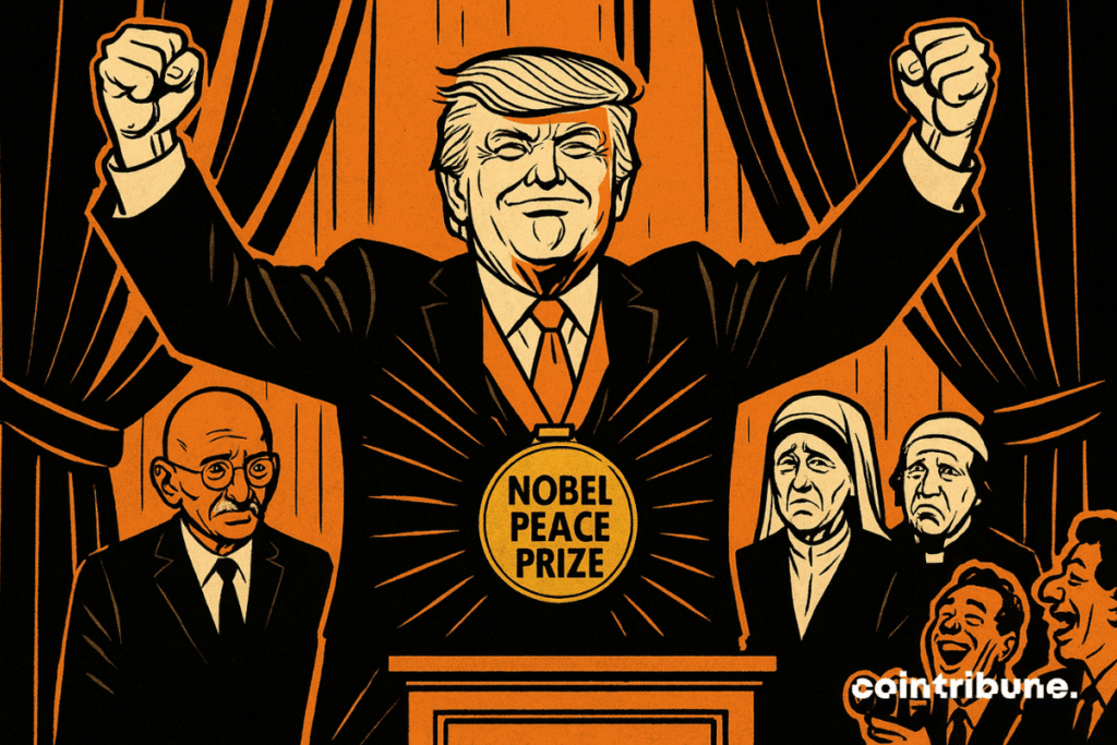 Trump recibiendo la medalla Nobel, rodeado de figuras célebres de la paz.