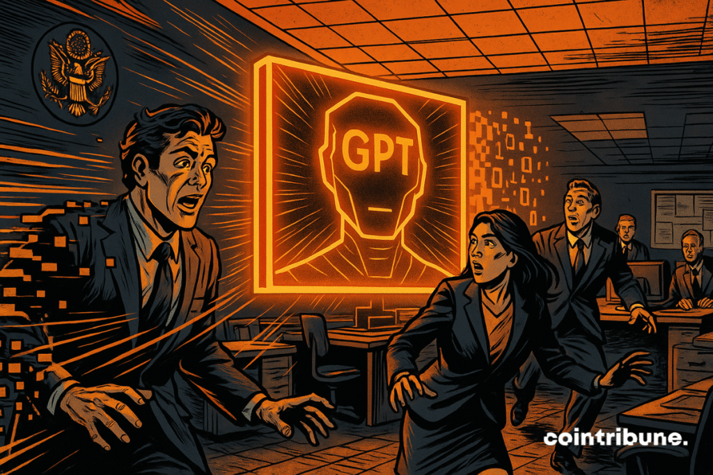 Fonctionnaires paniqués dans un bureau, un écran GPT orange lumineux numérise un homme, ambiance dramatique et futuriste rétro américaine.