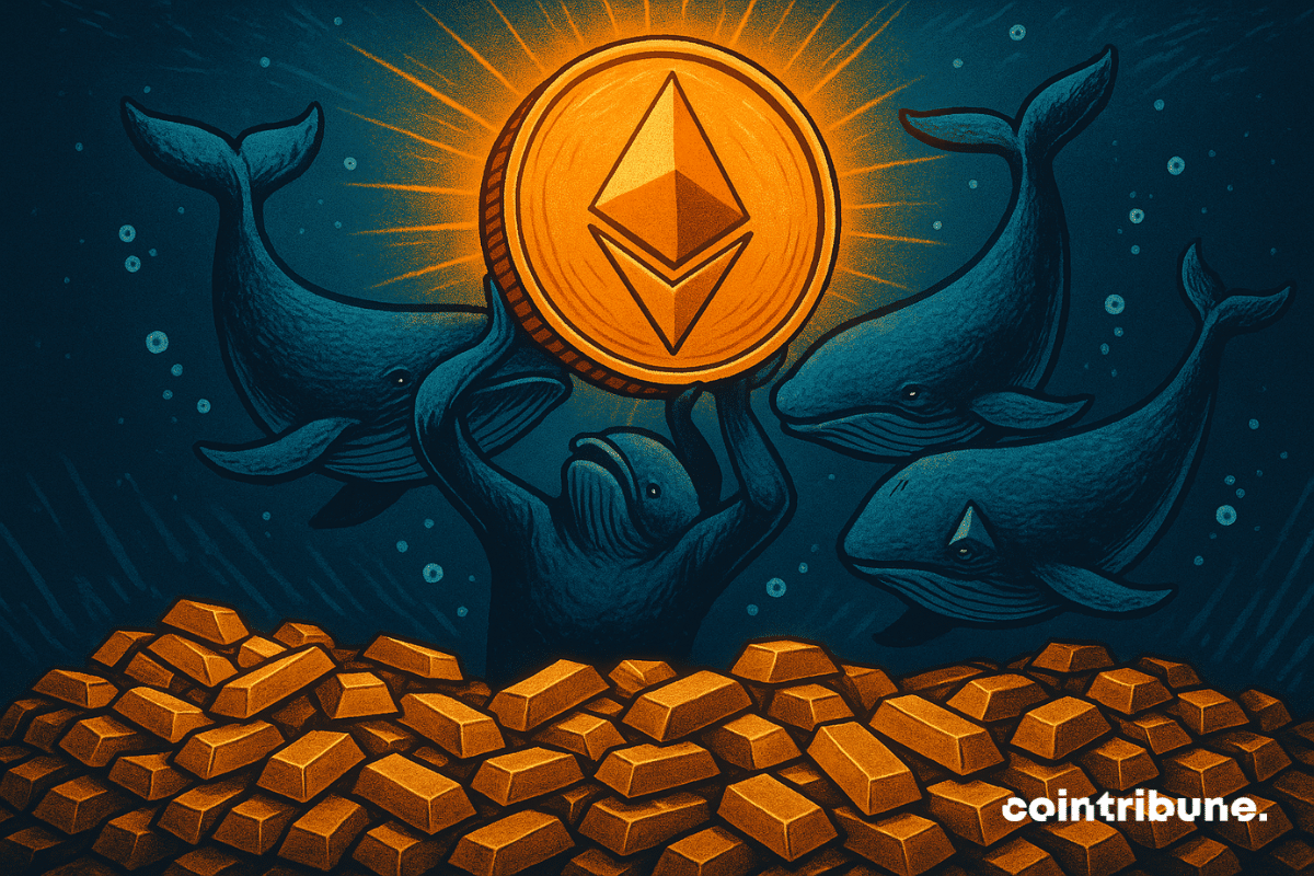Ilustração de três baleias e uma figura central semelhante a uma baleia levantando uma moeda Ethereum brilhante acima de pilhas de barras de ouro, simbolizando o acúmulo institucional massivo de ETH.
