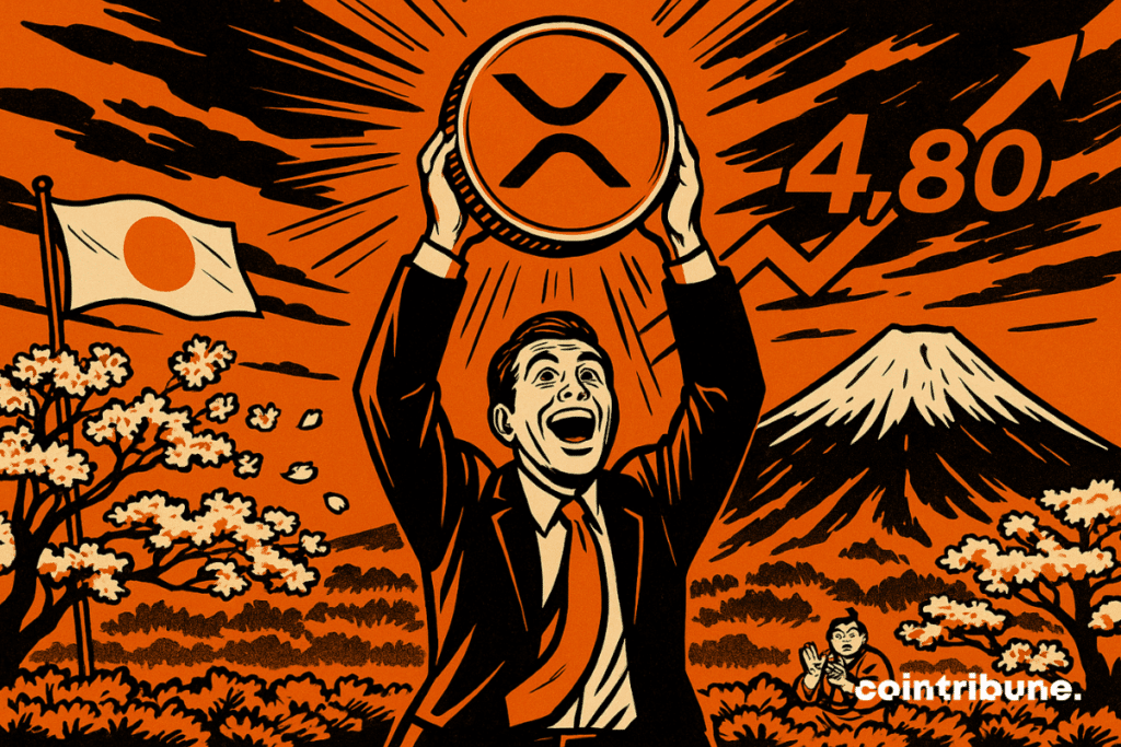 Um trader de criptomoedas eufórico segura acima da cabeça, com as duas mãos e diante do Monte Fuji, um enorme token de XRP que parece brilhar.