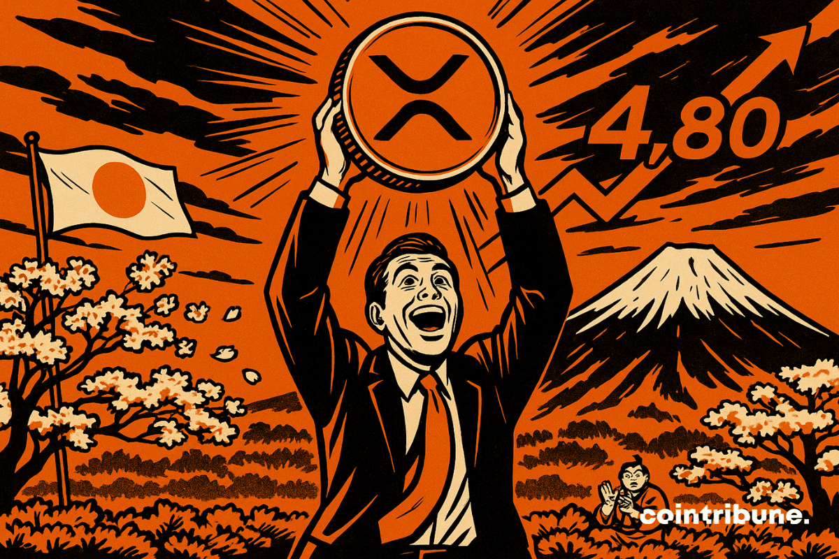 Um trader de criptomoedas eufórico segura acima da cabeça, com as duas mãos e diante do Monte Fuji, um enorme token de XRP que parece brilhar.