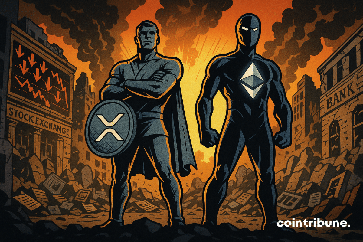 As criptos personificadas XRP e Ethereum estão de pé sobre as ruínas do mercado financeiro.