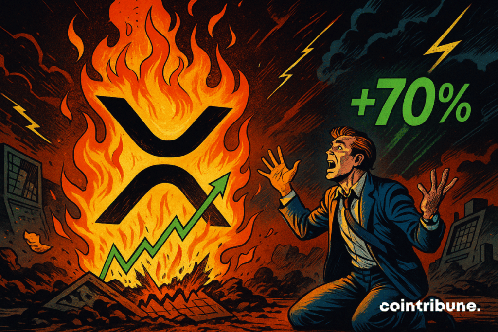 Um investidor cripto ajoelhado, com os braços erguidos e a boca aberta, em uma expressão de espanto e esperança, observa um enorme logo da XRP em chamas. Um gráfico de ações desabado no chão, sob o logo, é atravessado por uma flecha verde ascendente.