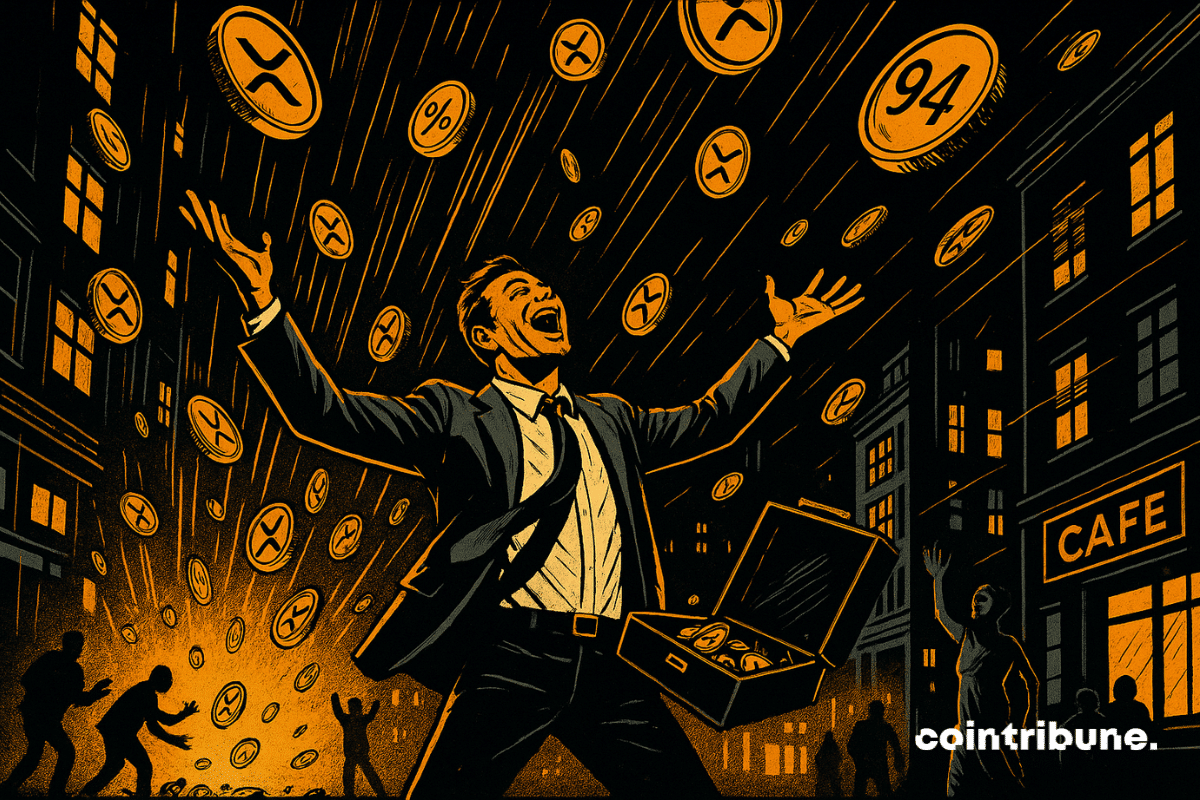 A crypto investor in a slightly loosened suit and tie stands center stage. He holds an open briefcase in one hand and raises his arms to the sky, mouth open in an expression of ecstasy. A shower of XRP coins or tokens falls literally from the sky, some landing in the briefcase, others bouncing on the ground.