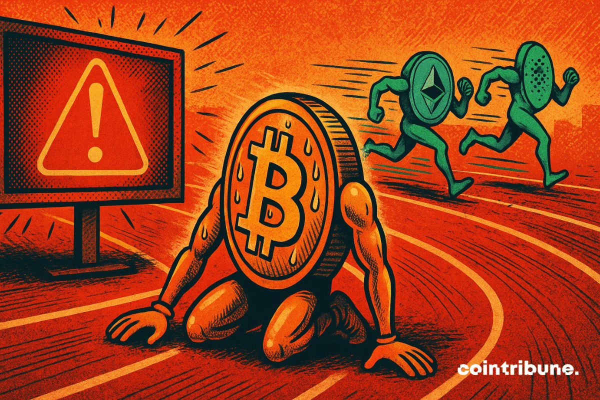 Bitcoin exausto em uma pista vermelha, ultrapassado por Ethereum e Cardano, sob um sinal de alerta vermelho piscando.