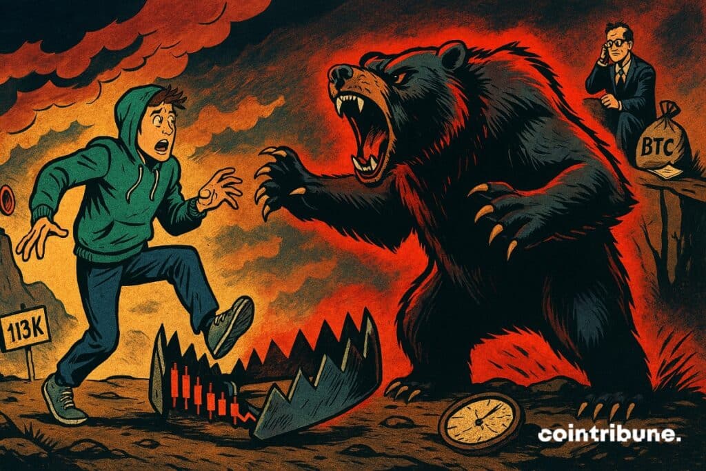 Un investisseur bitcoin se dirigeant vers un bear trap alors qu’un institutionnel observe de loin.