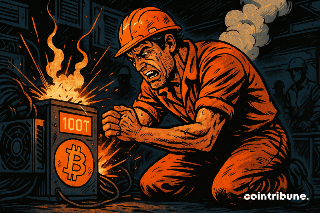 Um minerador exausto luta com uma máquina de Bitcoin superaquecida, simbolizando a extrema dificuldade da mineração em 2025.